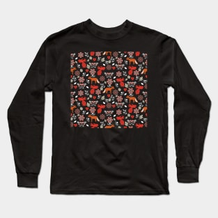 Scandinavian Folk Art // Fox and birds // blue background Long Sleeve T-Shirt